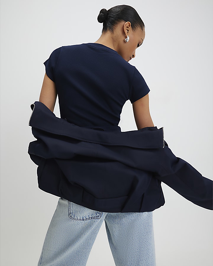 River Island Navy Short Sleeve Fitted Ribbed Top