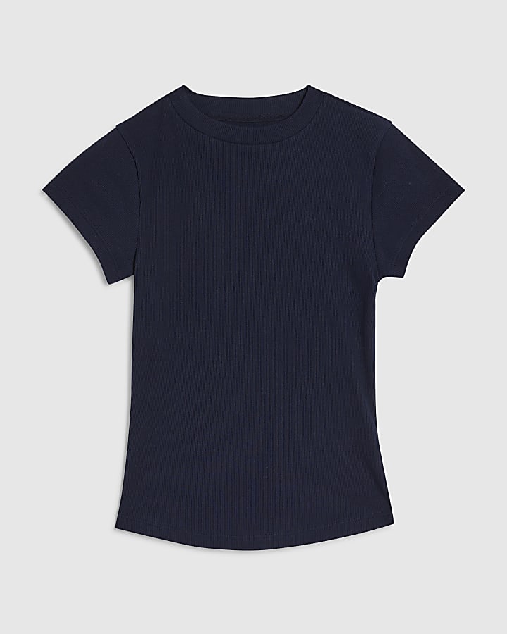 river island Navy Short Sleeve Fitted Ribbed Top