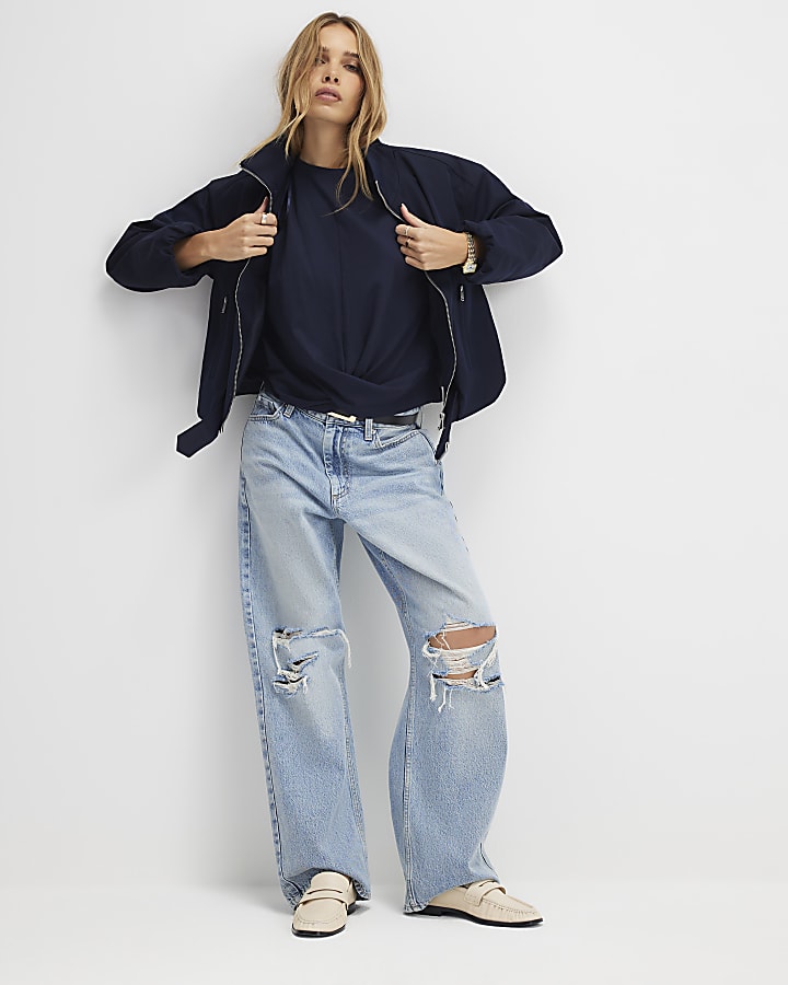 River Island Navy Short Sleeve Twist Front T-Shirt