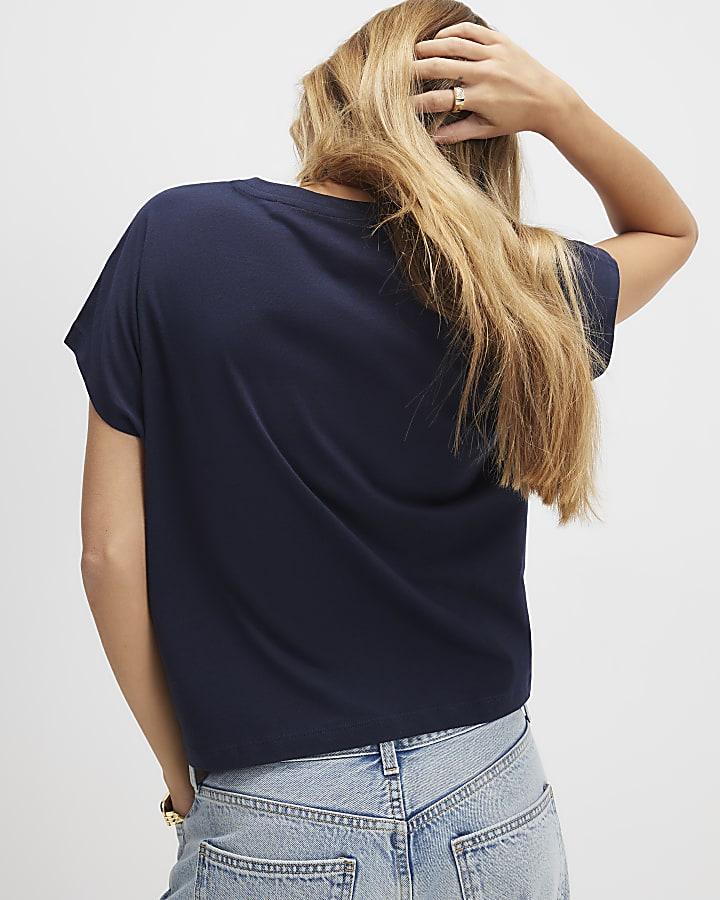 River Island Navy Short Sleeve Twist Front T-Shirt
