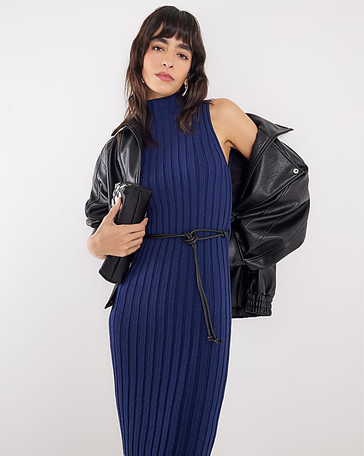 River Island Navy Sleeveless Belted Rib Dress