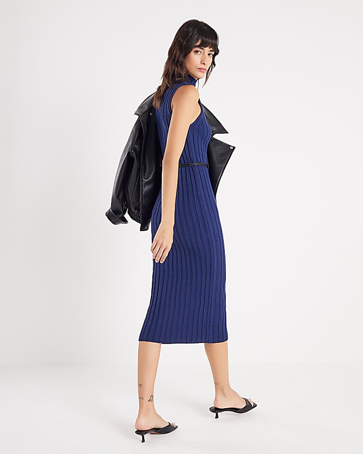 River Island Navy Sleeveless Belted Rib Dress