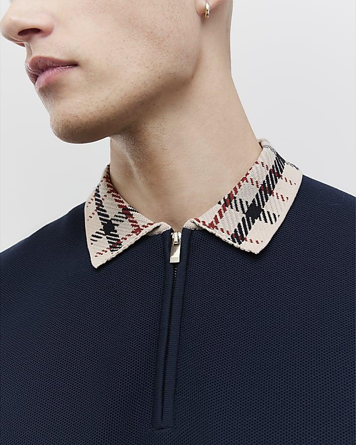 River Island Navy Slim Fit Check Collar Polo Shirt