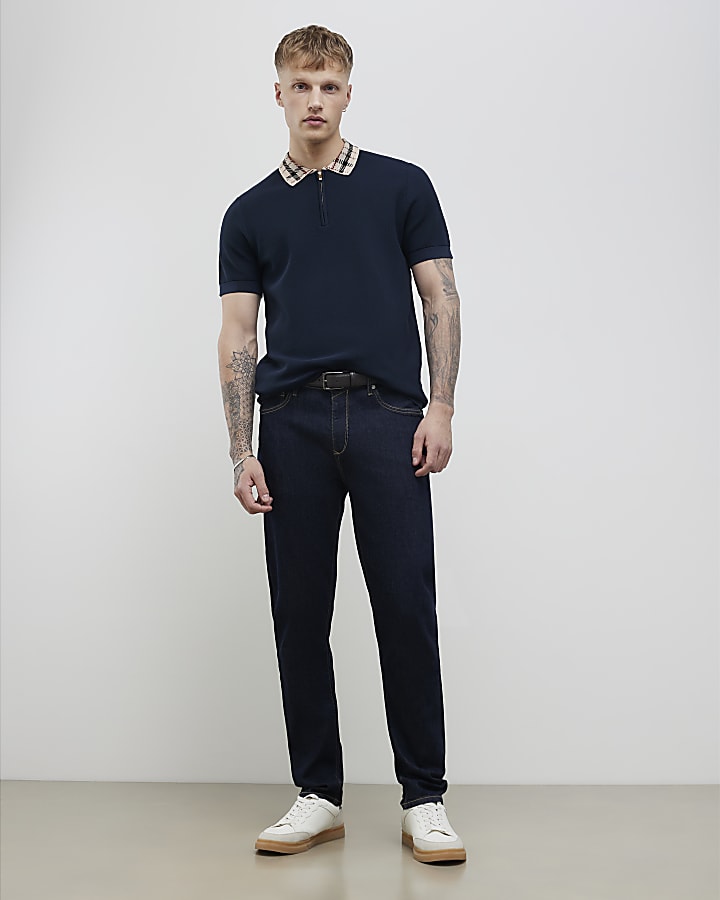River Island Navy Slim Fit Check Collar Polo Shirt