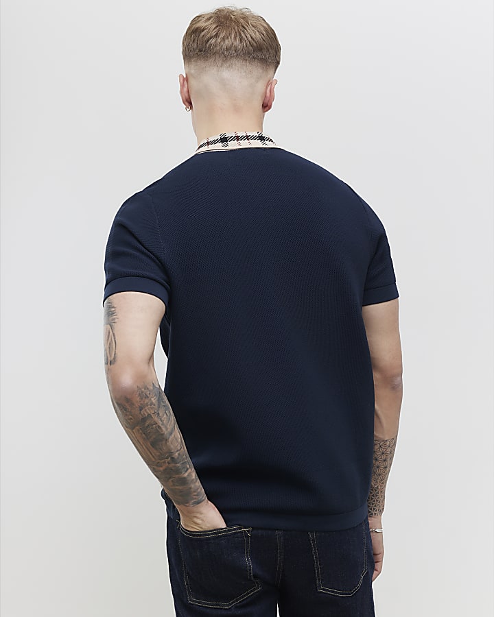 River Island Navy Slim Fit Check Collar Polo Shirt