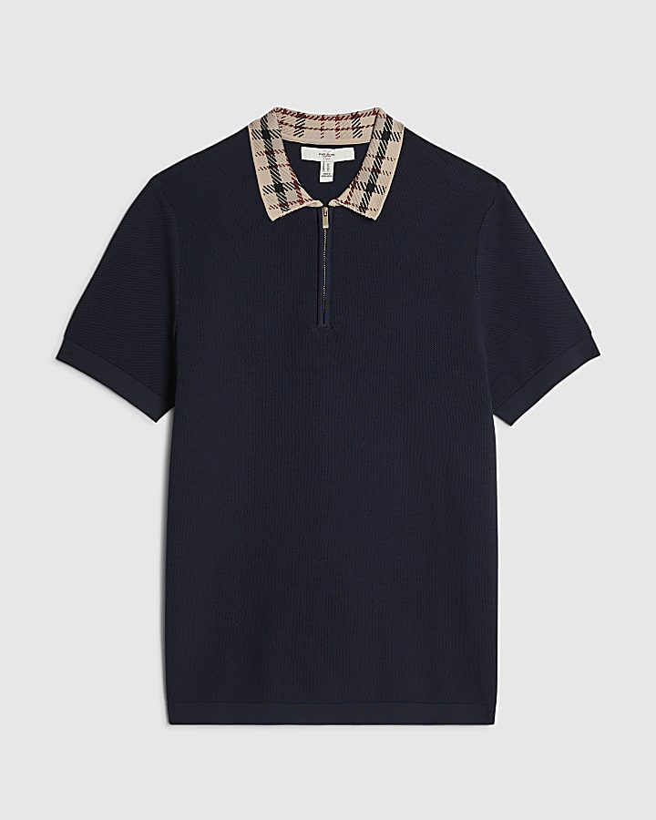 river island Navy Slim Fit Check Collar Polo Shirt