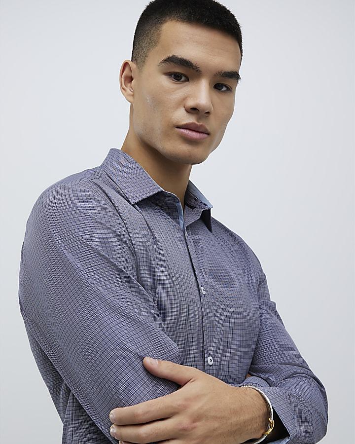 River Island Navy Slim Fit Check Shirt