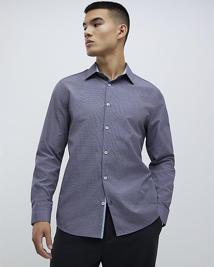River Island Navy Slim Fit Check Shirt