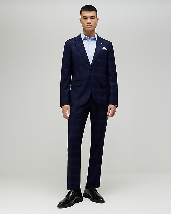 River Island Navy Slim Fit Check Suit Jacket