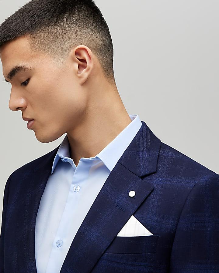 River Island Navy Slim Fit Check Suit Jacket