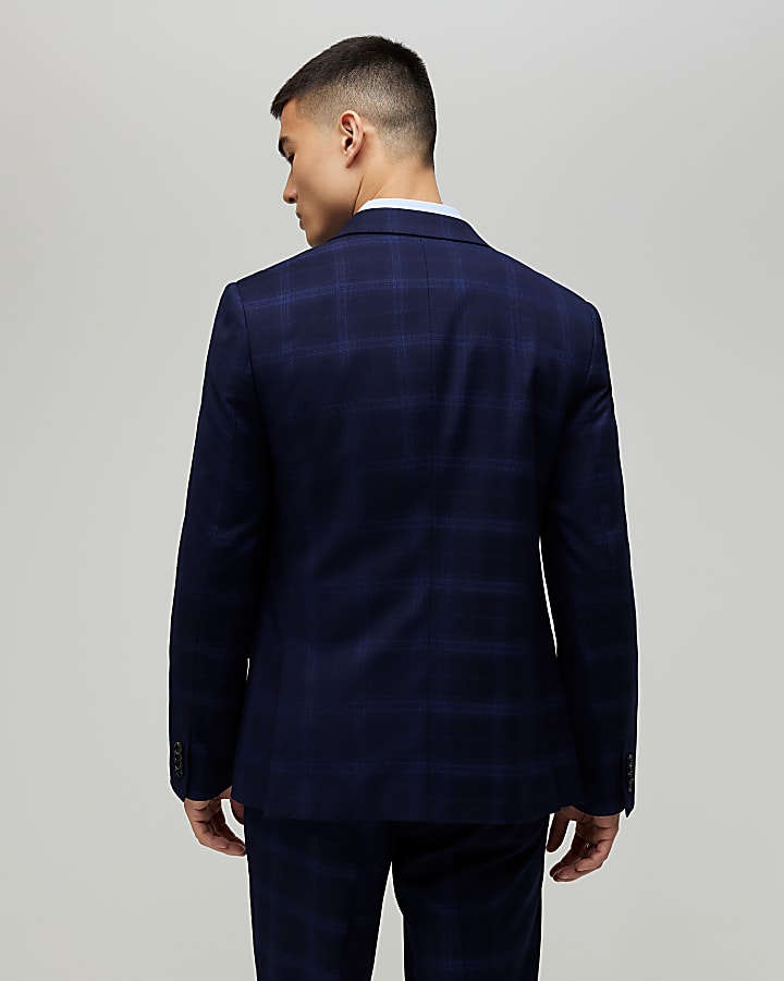 River Island Navy Slim Fit Check Suit Jacket