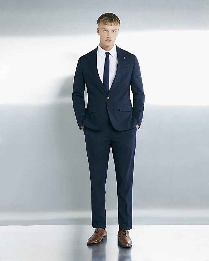 River Island Navy Slim Fit Check Suit Jacket