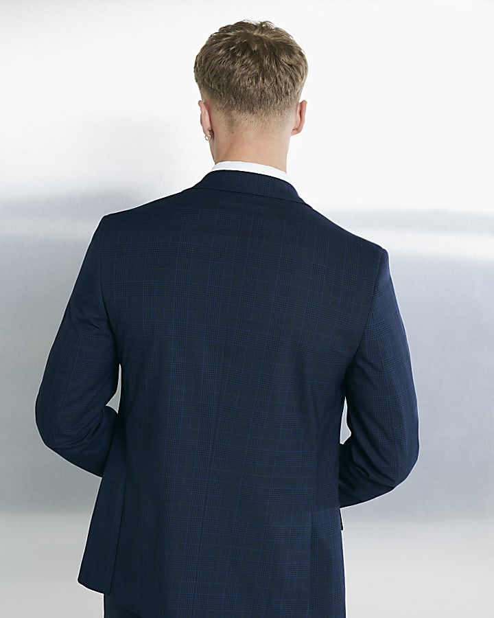 River Island Navy Slim Fit Check Suit Jacket