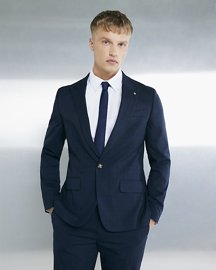 River Island Navy Slim Fit Check Suit Jacket