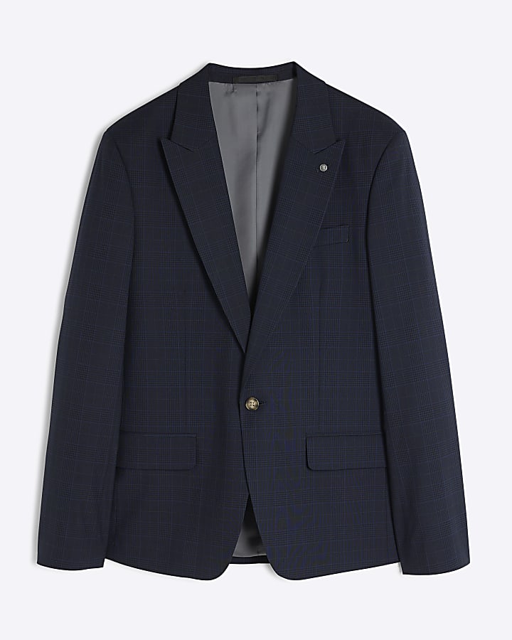 river island Navy Slim Fit Check Suit Jacket