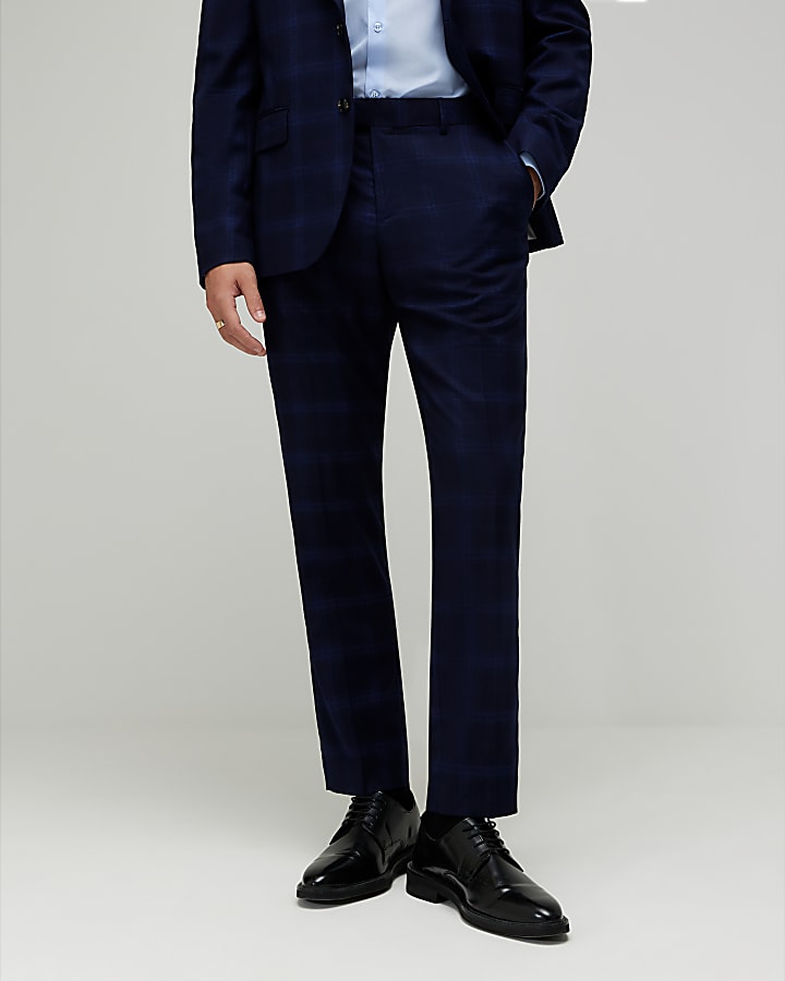 River Island Navy Slim Fit Check Suit Trousers