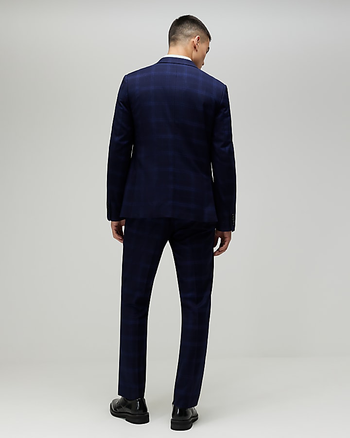 River Island Navy Slim Fit Check Suit Trousers
