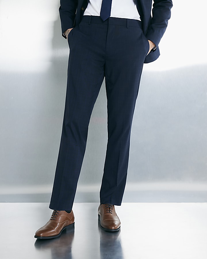 River Island Navy Slim Fit Check Suit Trousers