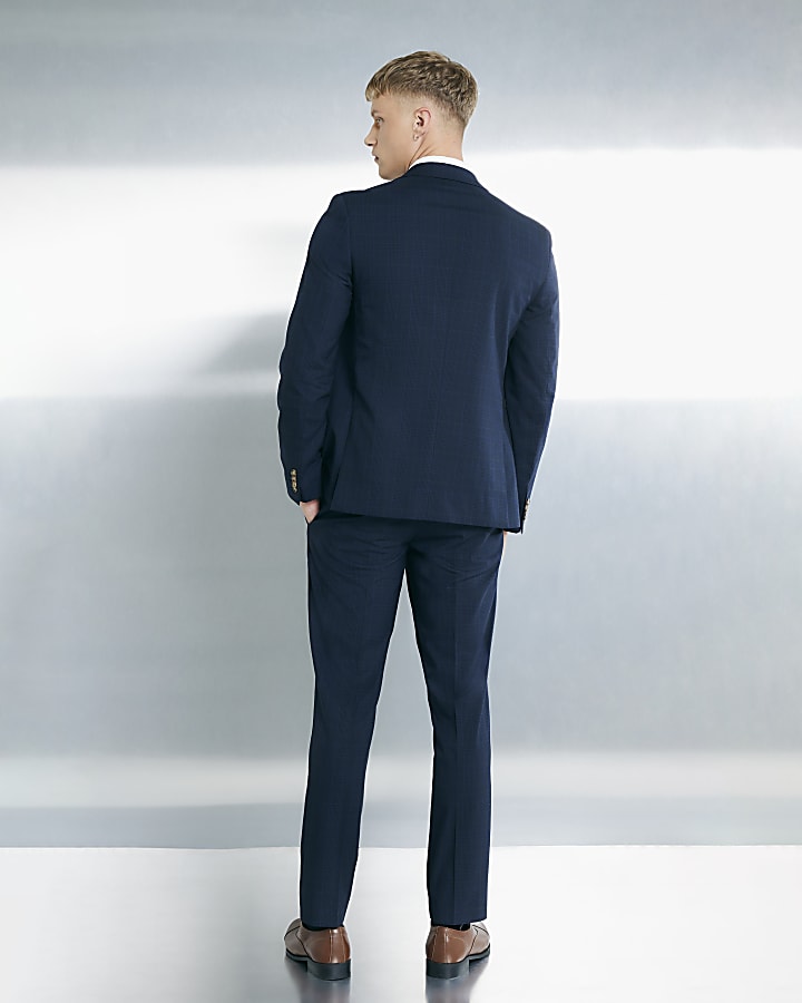 River Island Navy Slim Fit Check Suit Trousers