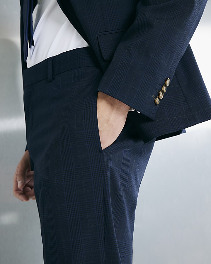 River Island Navy Slim Fit Check Suit Trousers