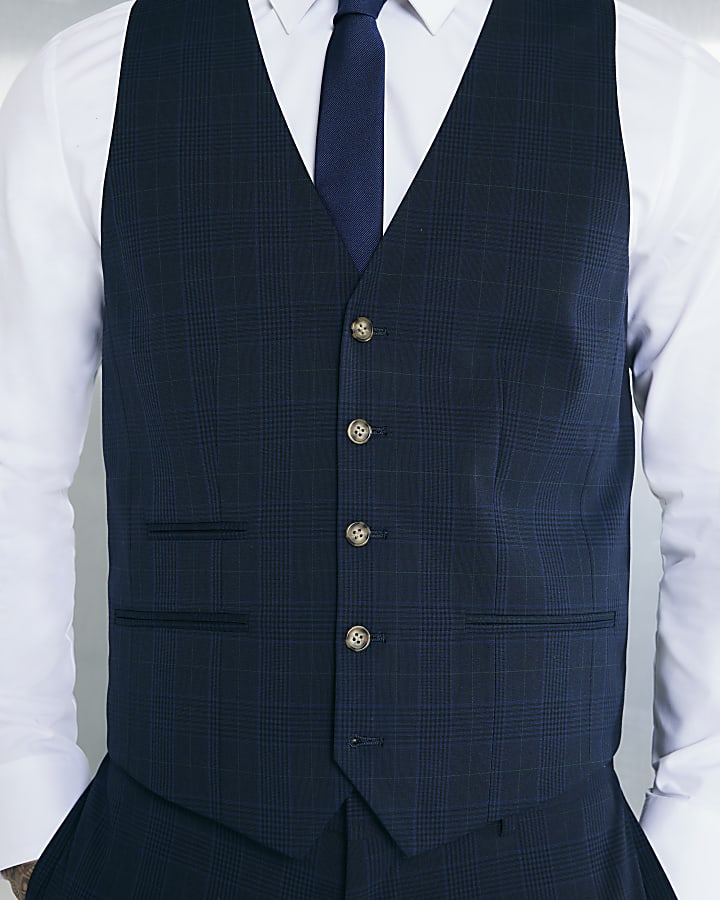 River Island Navy Slim Fit Check Waistcoat