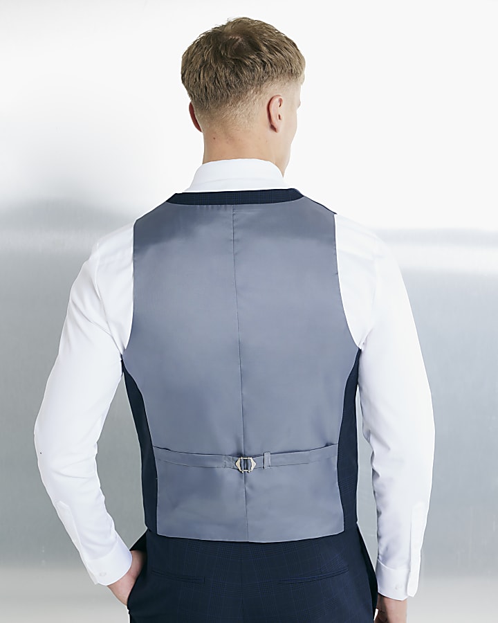 River Island Navy Slim Fit Check Waistcoat