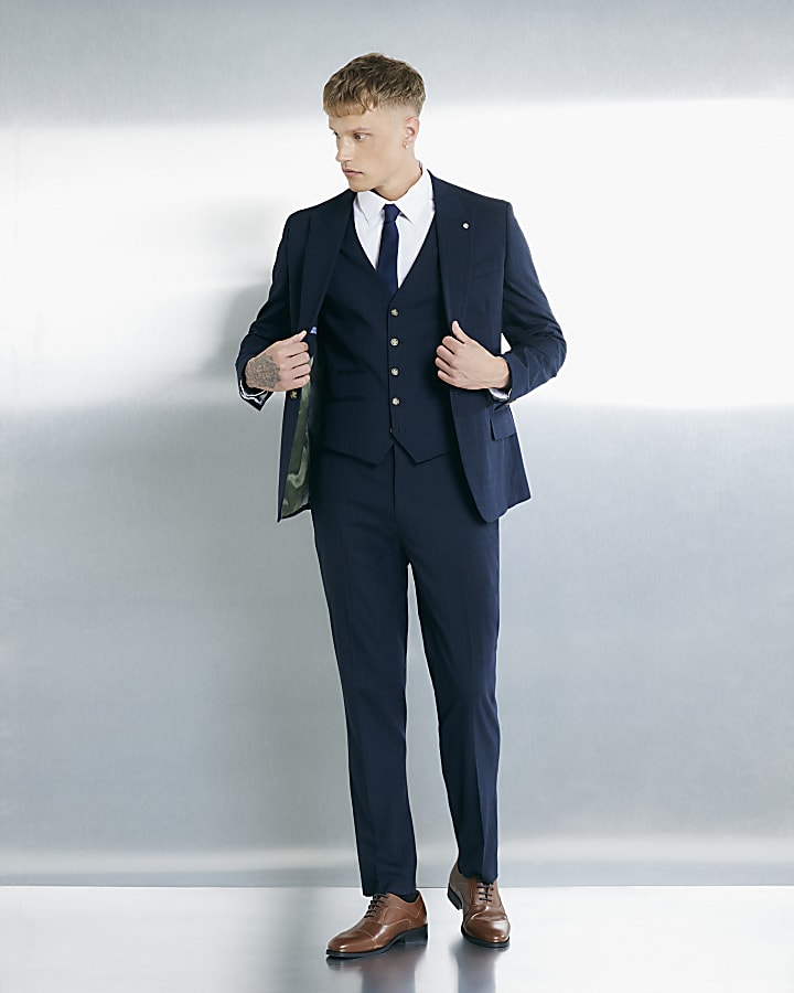 River Island Navy Slim Fit Check Waistcoat