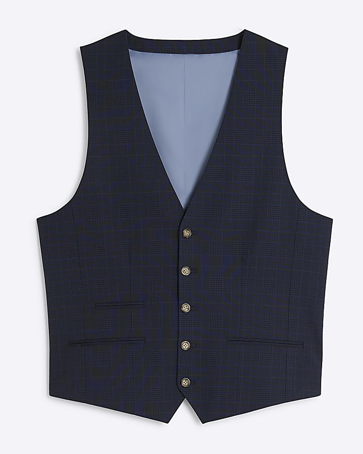 river island Navy Slim Fit Check Waistcoat