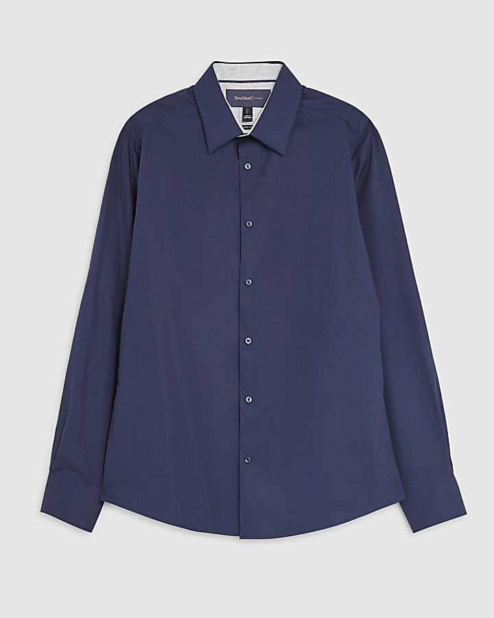 river island Navy Slim Fit Contrast Trim Shirt