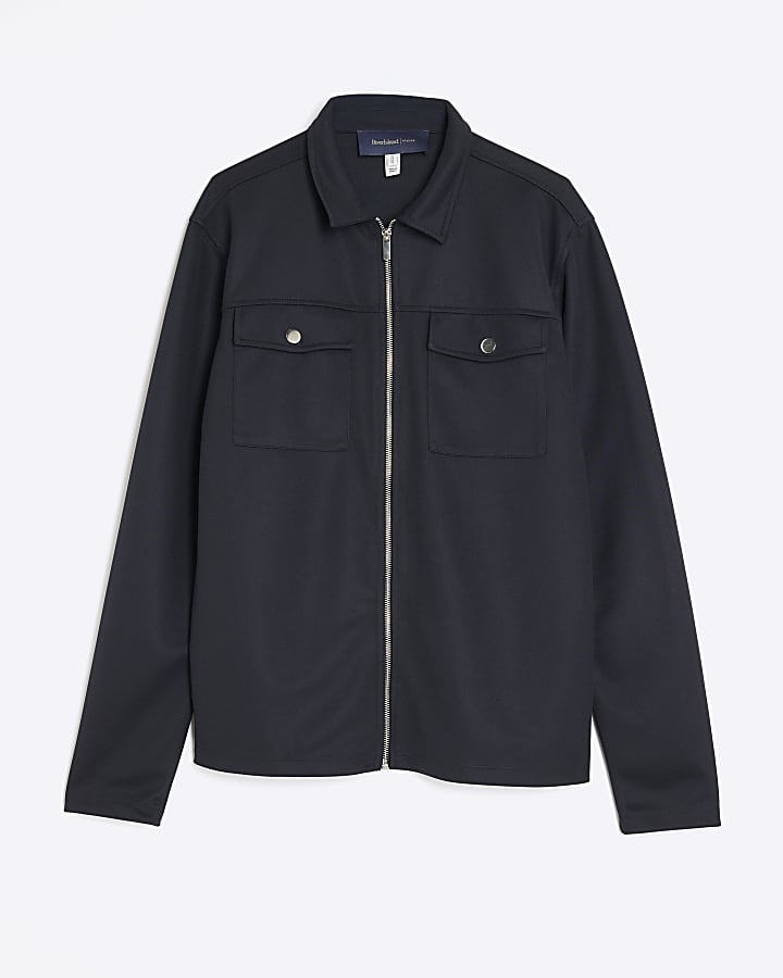river island Navy Slim Fit Double Pocket Overshirt