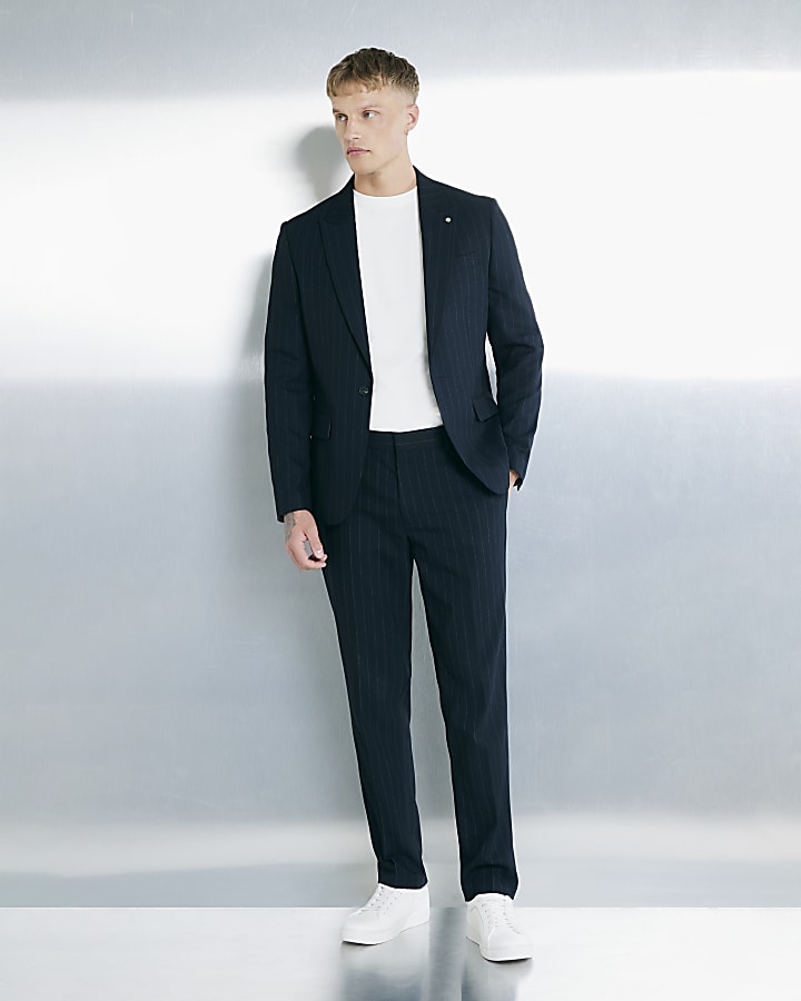 River Island Navy Slim Fit Pinstripe Suit Jacket