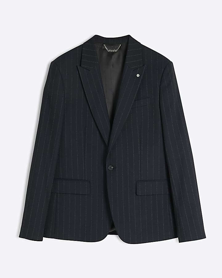 river island Navy Slim Fit Pinstripe Suit Jacket