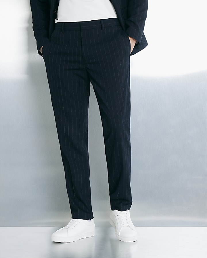 River Island Navy Slim Fit Pinstripe Suit Trousers