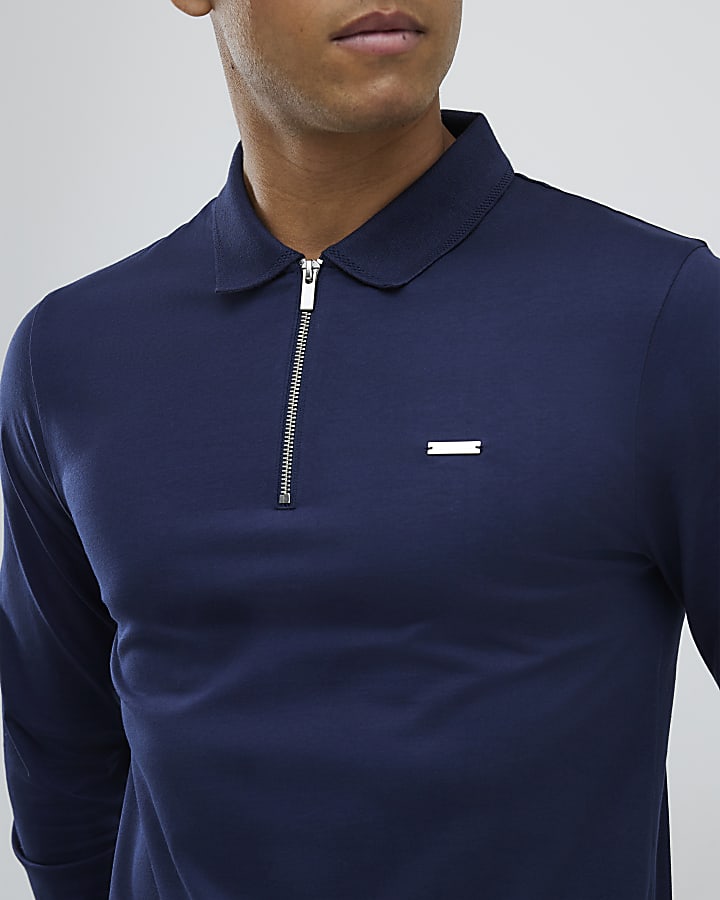 River Island Navy Slim Fit Premium Zip Polo Shirt