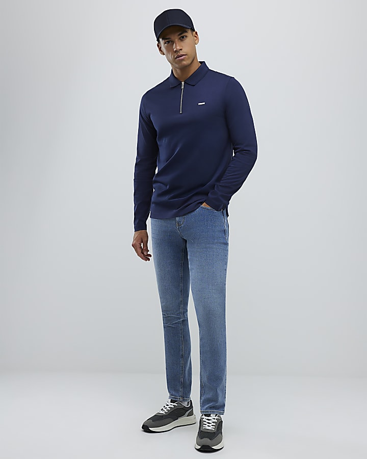 River Island Navy Slim Fit Premium Zip Polo Shirt