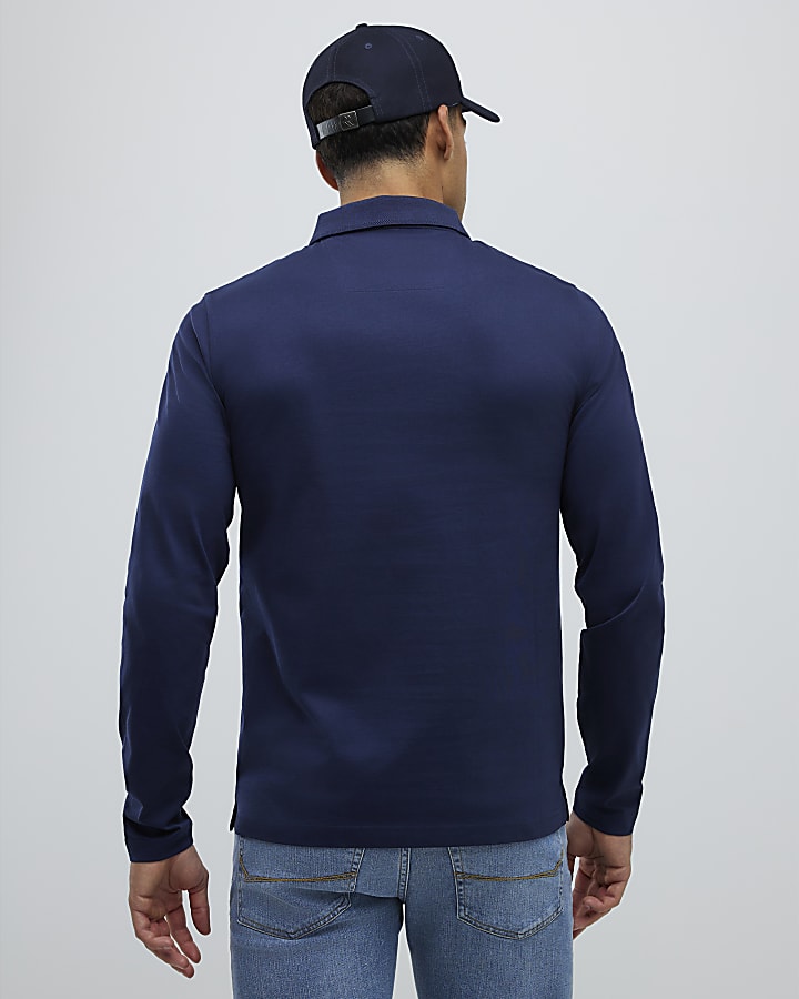 River Island Navy Slim Fit Premium Zip Polo Shirt