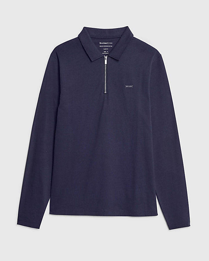 river island Navy Slim Fit Premium Zip Polo Shirt