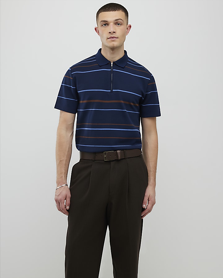 River Island Navy Slim Fit Stripe Polo Shirt