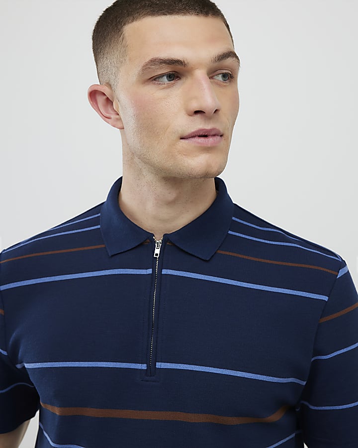 River Island Navy Slim Fit Stripe Polo Shirt
