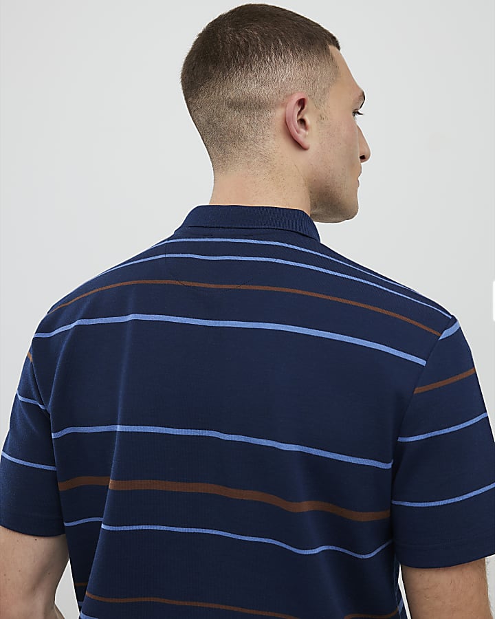 River Island Navy Slim Fit Stripe Polo Shirt