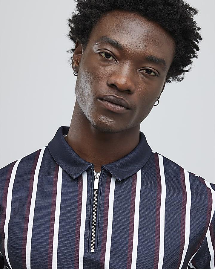 River Island Navy Slim Fit Stripe Polo Shirt