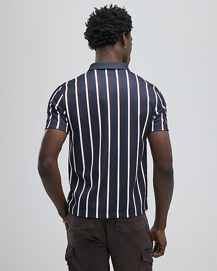 River Island Navy Slim Fit Stripe Polo Shirt
