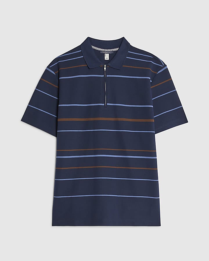 river island Navy Slim Fit Stripe Polo Shirt