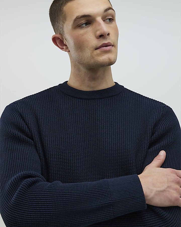 River Island Navy Slim Fit Waffle Knit Jumper