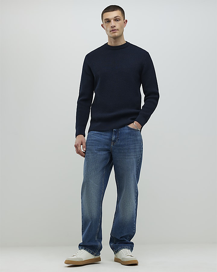 River Island Navy Slim Fit Waffle Knit Jumper