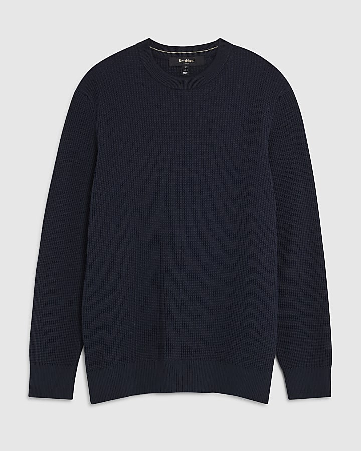 river island Navy Slim Fit Waffle Knit Jumper