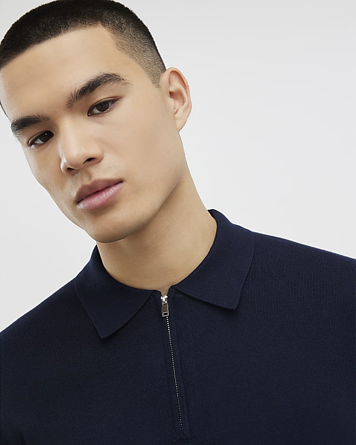 River Island Navy Slim Fit Zip Polo Shirt