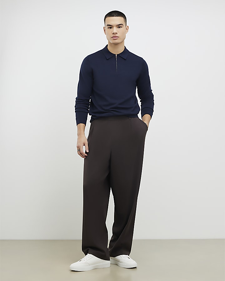 River Island Navy Slim Fit Zip Polo Shirt