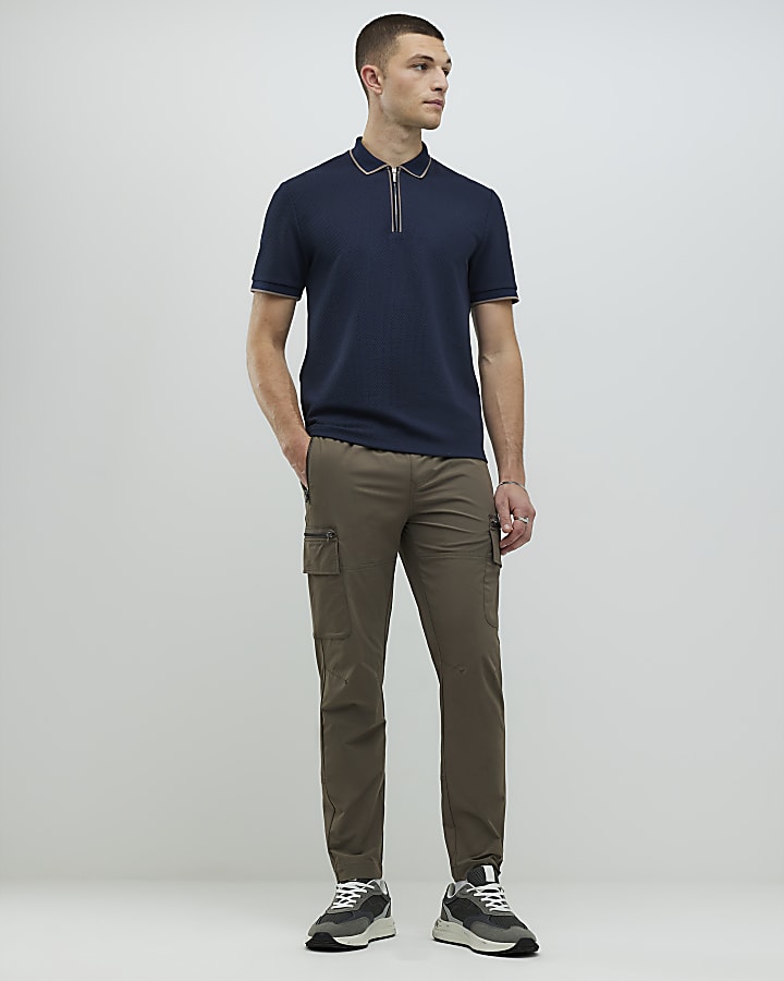 River Island Navy Slim Fit Zip Polo Shirt