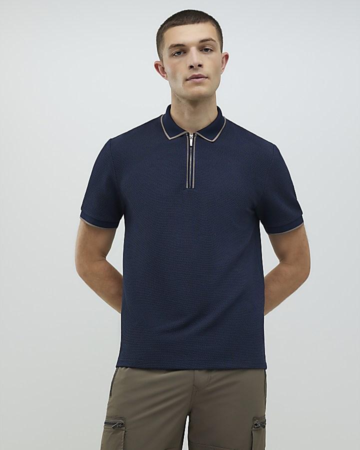 River Island Navy Slim Fit Zip Polo Shirt